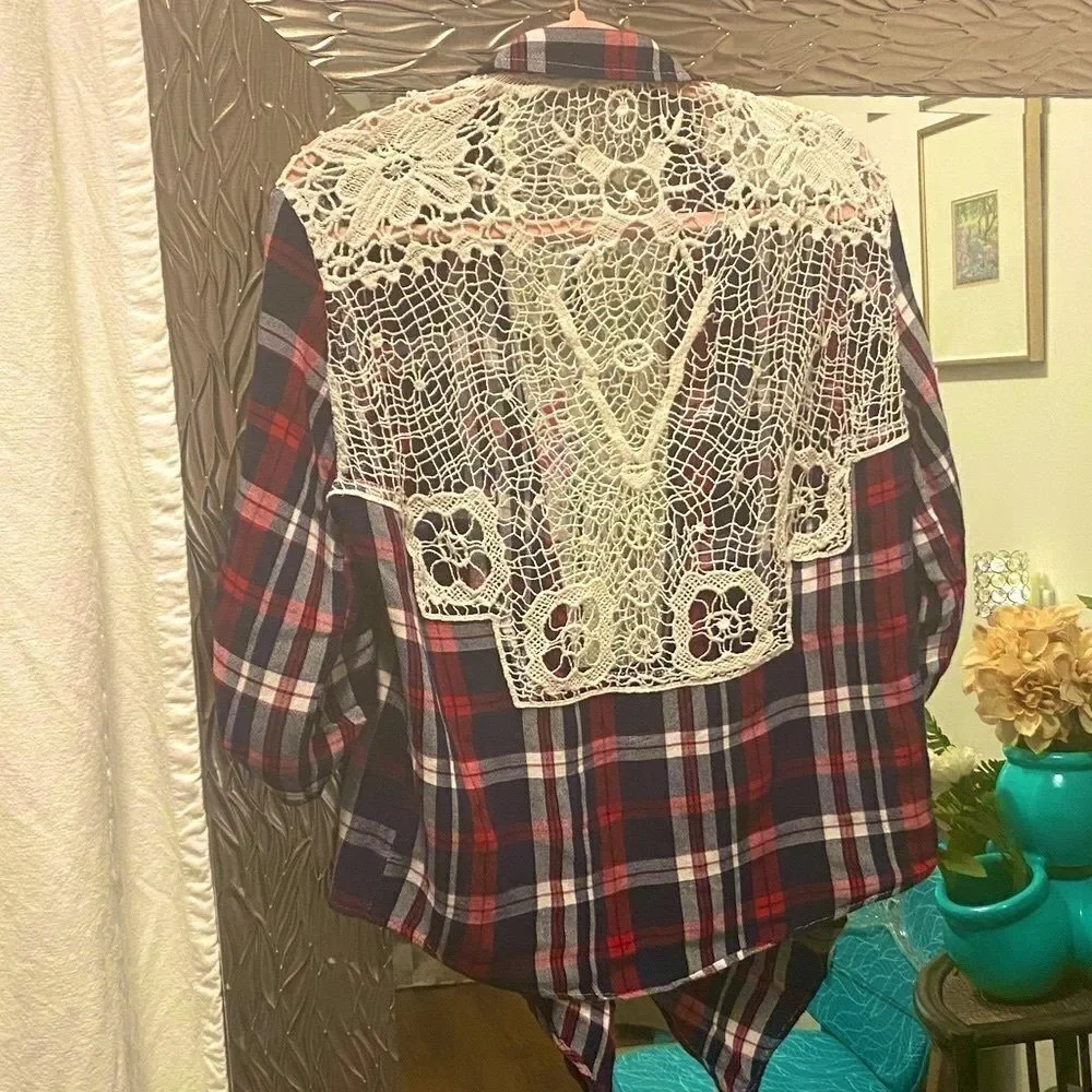 Red & Black Flannel White Crochet Lace  Back Tie Front Cardigan - Picture 3 of 5